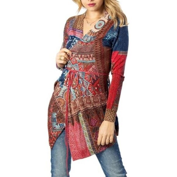 DESIGUAL Women Patchwork Open Front Sweater Sz S Multicolor Long Sleeve 32-13 - Picture 2 of 16